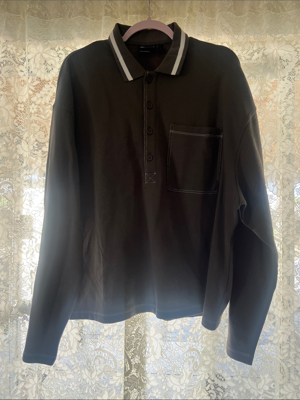 Men's Black Long-Sleeve Polo Shirt with Contrast Trim